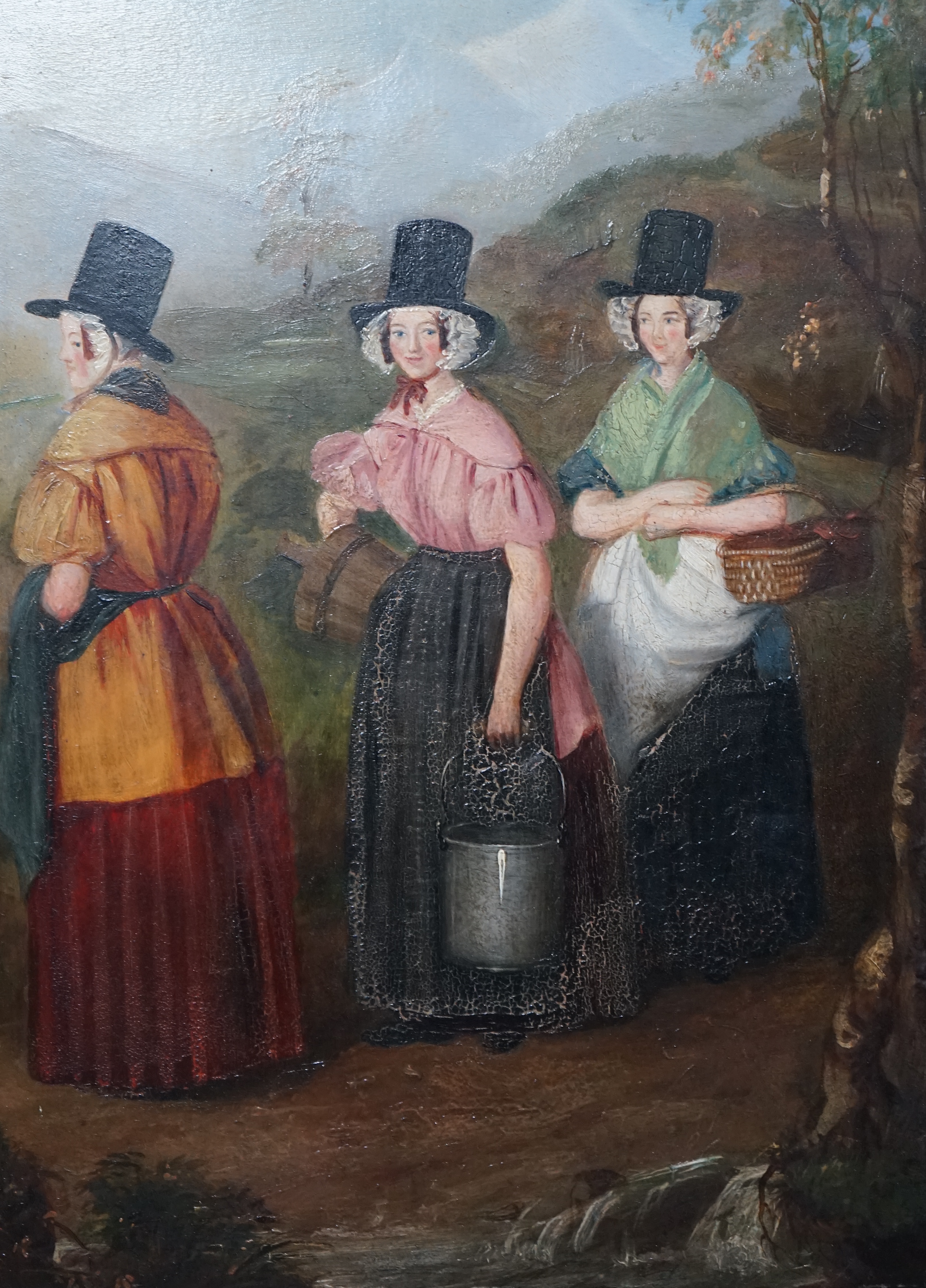 19th Century Welsh School, Welsh women in landscapes, oil on board, a pair, 35 x 25cm